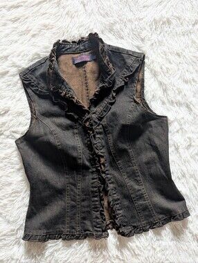 Y2K Vintage Tribal Denim Hook & Eye Ruffle Front Black Wash Jean Vest